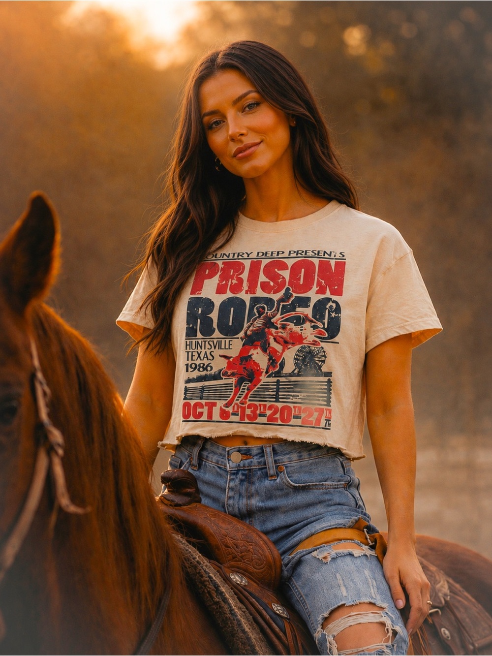Country Road Beige Graphic 'Prison Rodeo' Crop Tee